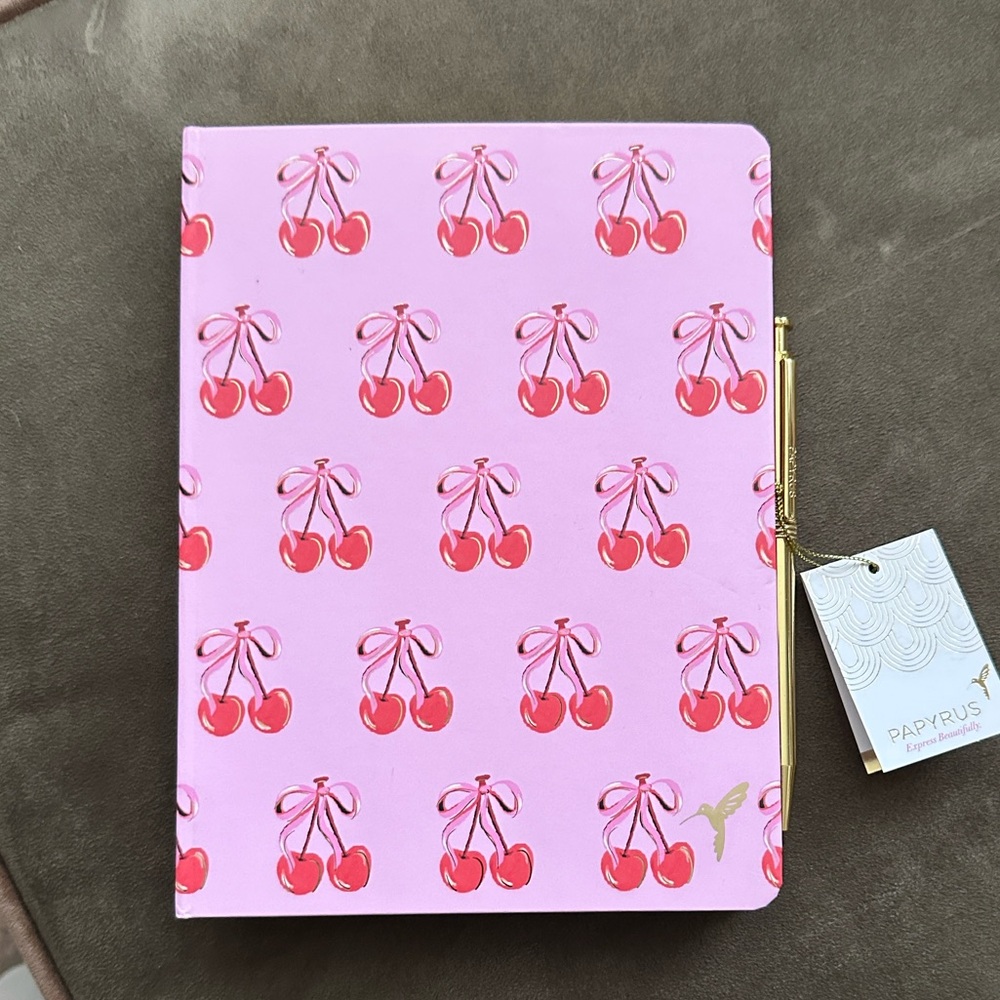 Papyrus Cherry Print Pink and Gold Notebook with Pen